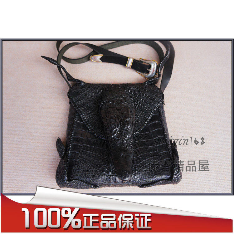 纯手工编织 真鳄鱼头带爪单肩包 整张鳄鱼皮背包 男士休闲斜挎包