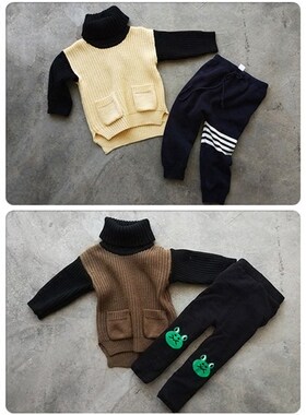 冬季高领套头纯棉中长款拼色毛衣