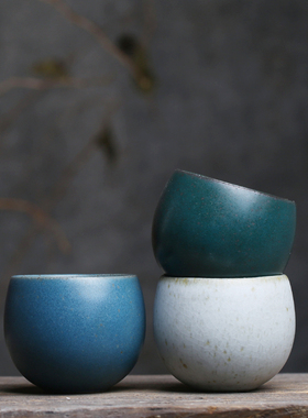 复古粗陶罗汉杯个性主人茶杯普洱杯茶盏蓝色绿色白色陶瓷茶具