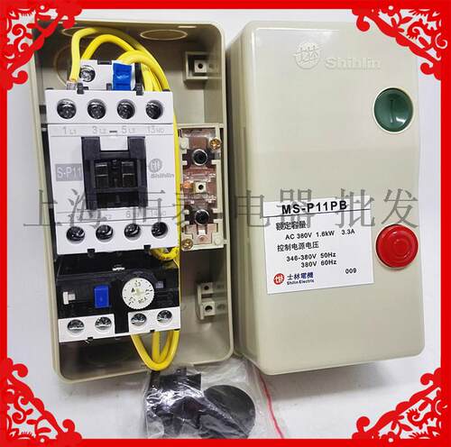 注：1.1KW电机配1.6-2.6A, 2KW电机配3.4-5.4A, 3KW电机配5-8A, 4KW电机配7-11A, 5KW电机配9-13A。 MS-P11PB用作控制电动机的直接起动、停止和正反向运转，带有热过载继电器的起动器能对电动机的过载或断相起保护作用。
