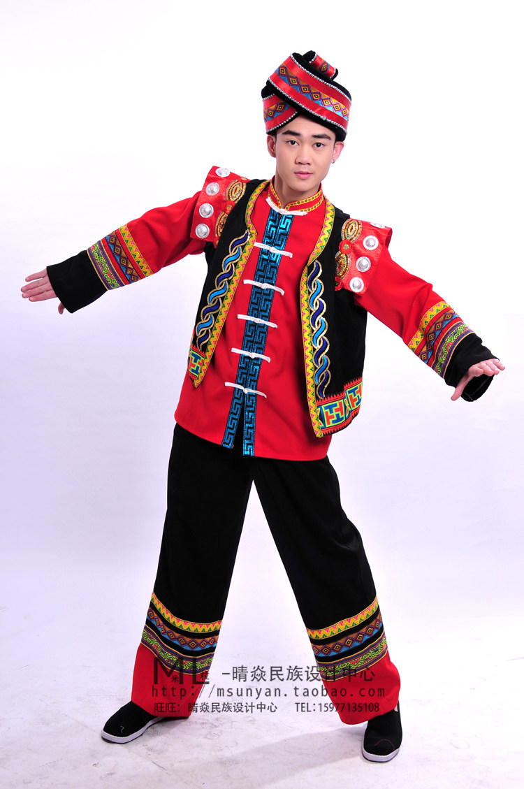 晴焱民族服装量身定做舞台表演服装壮族男装红黑壮族服饰四件套