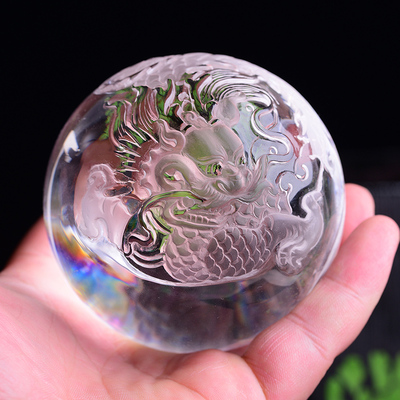 天然白水晶球龙球雕刻艺术品浮