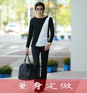 韩版男士圆领黑拼白长袖T恤 修身长袖上衣打底衫时尚男款拼接单衣