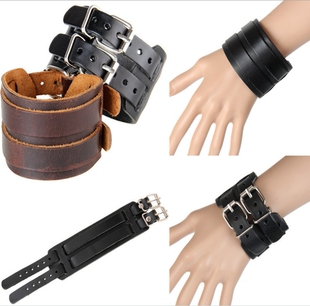 欧美朋克夸张宽皮护腕 复古武术表演双扣头牛皮手镯 手带