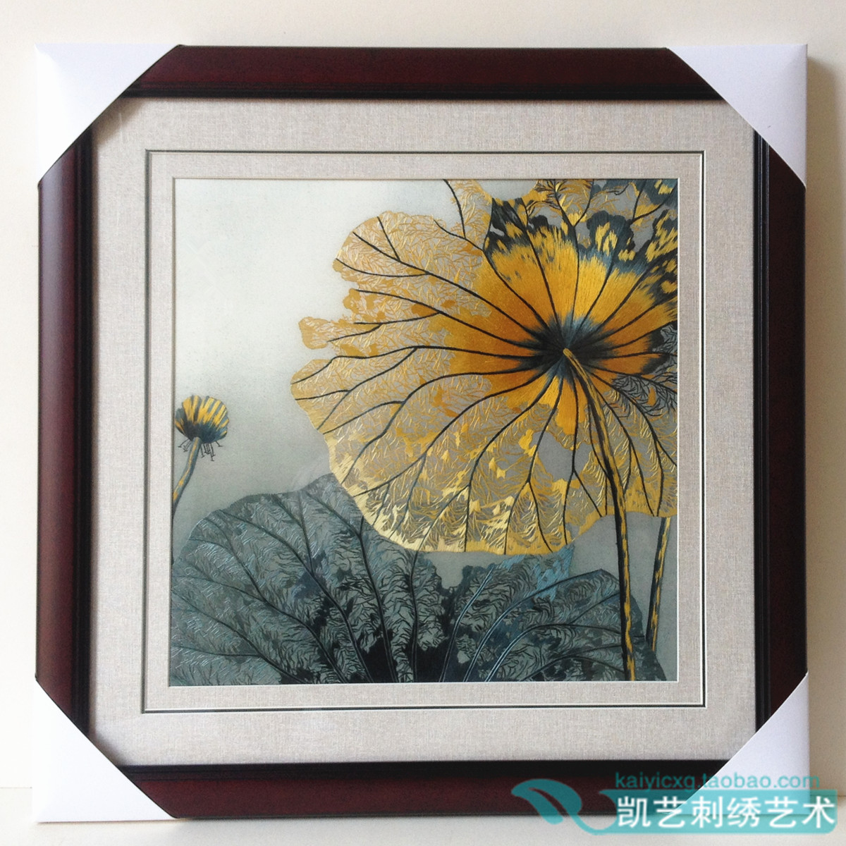 苏州刺绣手工成品画精品黄色荷叶挂画餐厅走廊书房荷花莲蓬装饰画图片