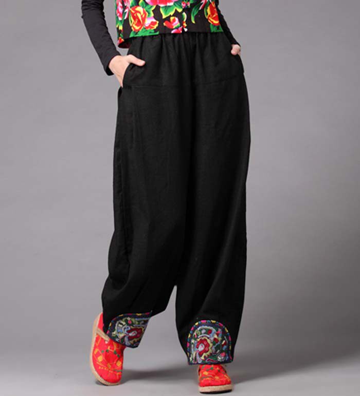 绣花灯笼长裤女 春秋季纯色中厚大码民族风复古亚麻松紧腰阔腿裤