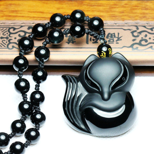 天然黑曜石狐狸吊坠 磨砂黑曜石狐狸挂坠 黑曜石灵狐吊坠