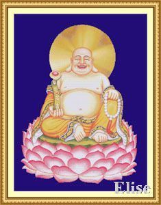 十字绣高清彩色印刷图纸中国风ZF054笑口常开弥勒佛宗教深蓝布