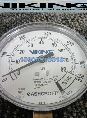 35-W1005P-02L-XUL进口压力表 湿式报警阀0-80Psi压力表FM、UL认