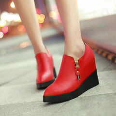 2015 spring fashion high heels designer shoes comfortable and simple side zipper wedges shoes round head low shoes