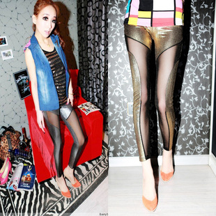 金银2色 烫金亮面网纱拼接性感打底紧身九分裤 2019春秋季 新款