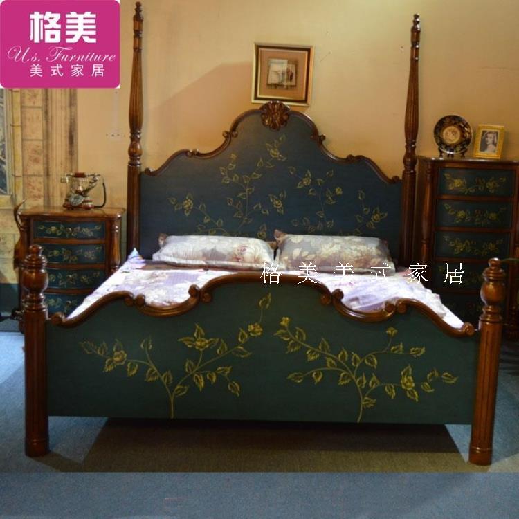 高档地中海风手绘做旧橡木架子床