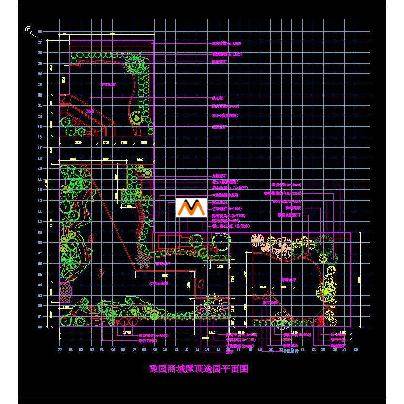 x312某商城l型屋顶花园林绿化景观设计植物配置种植平面图cad图纸