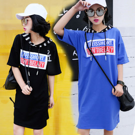 2023夏装韩版中长款短袖蓝色上衣宽松大码T恤女装红色帽衫