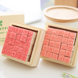 原木盒装卡通可爱迷你印章25枚入套装DIY日记韩国橡皮章