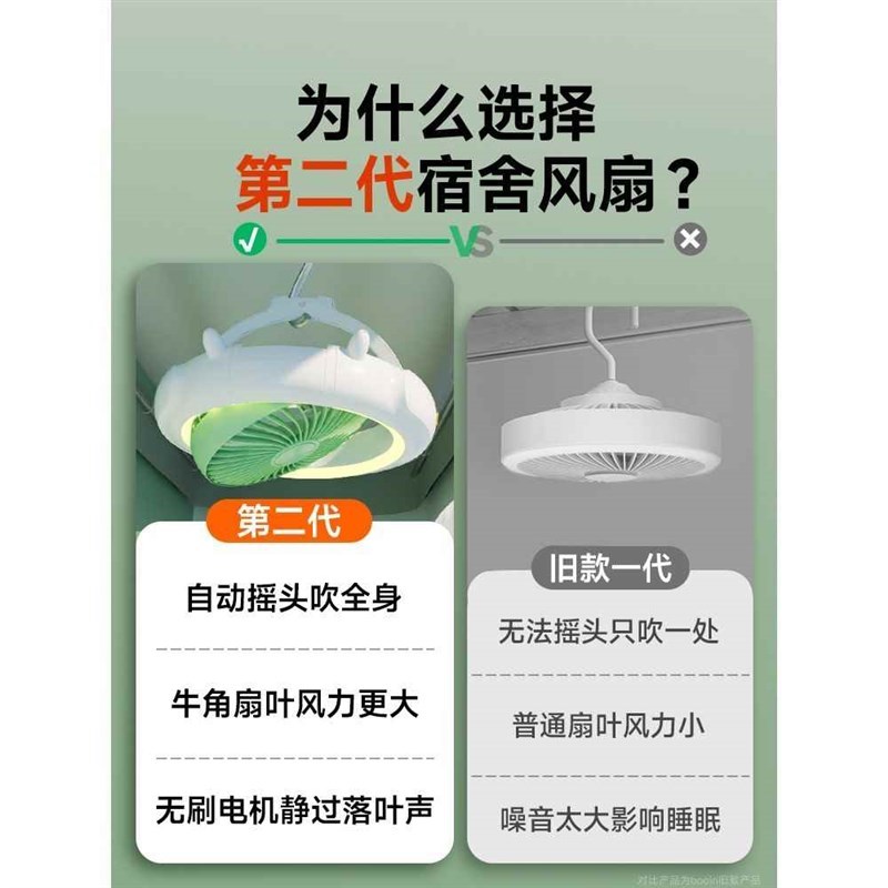 宿舍小型风扇学生床上静音吊扇下铺大风力充插电两用床头悬挂超长