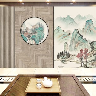 禅意茶室客厅3d立体壁画5d中式装饰画墙壁贴纸定制浮雕8d背景墙布