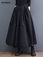 Size Waist Women Plus Vintage Pleated High Skirt 速发Black