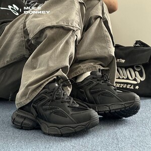 多嘴驴老爹鞋男2024新款秋冬透气网面厚底增高黑色百搭休闲运动鞋