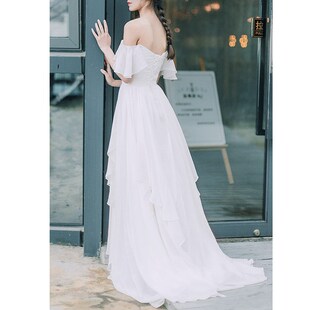 轻婚纱礼服2022新款 婚纱一字领裹胸雪纺拖地户外森V系仙旅拍轻婚