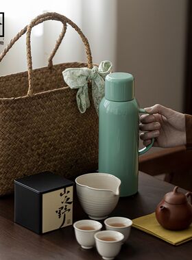 旅行茶具闷茶壶家用女士茶具茶杯紫砂壶户外大容量便携竹编手提篮
