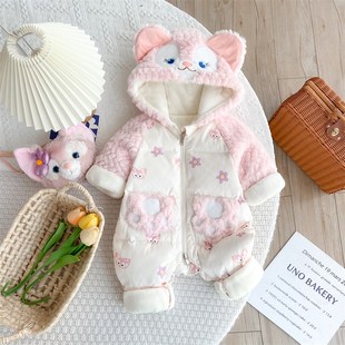 婴儿羽绒服冬季连体衣女宝宝公主哈衣加绒保暖新生儿冬装外出抱衣