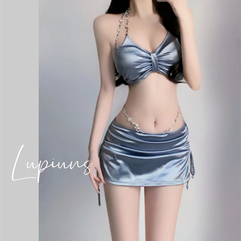 泳衣女新款银色高级性感分体三件套温泉度假时尚比基尼分体游泳