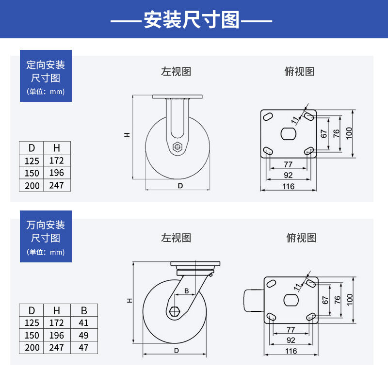 推荐易得力重型5寸6寸8寸定向万向煞车高强度聚氨酯抗静电轮A78-8