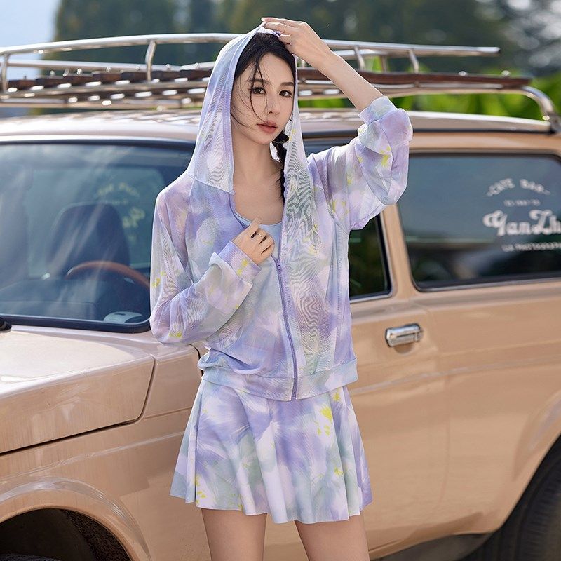 【清浅入梦】大码泳衣女分体三件套连帽罩衫保守显瘦遮肉运动泳装