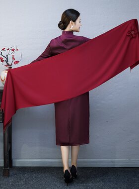 春秋手工盘花酒红l色披肩妈妈结婚礼服旗袍喜婆婆婚宴丝巾披风外