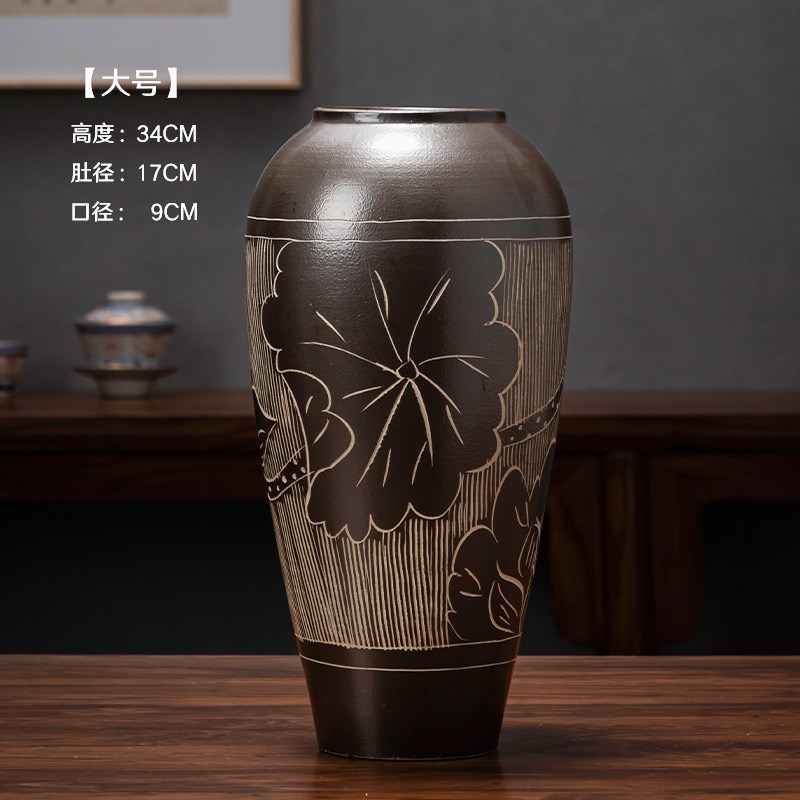 景德镇陶瓷花瓶h摆件客厅插花新中式玄关装饰品花器复古粗陶罐花