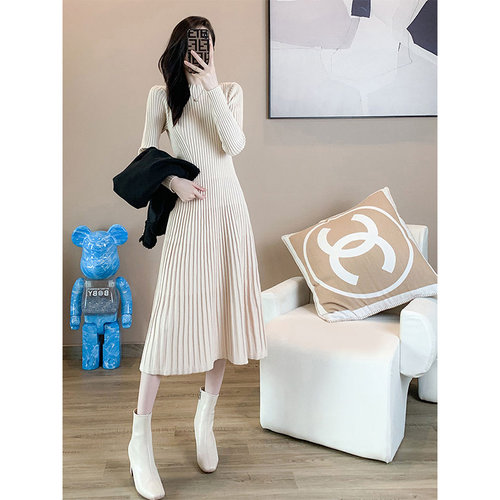 超好看毛衣女秋冬极简针织洋装2023加厚M长版打底配大衣修身裙子