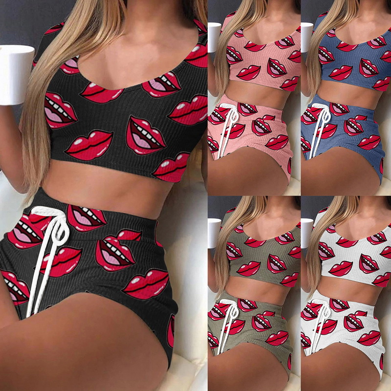 网红Casual Lips Print Sportswear Women's 2021 Summer Crop To