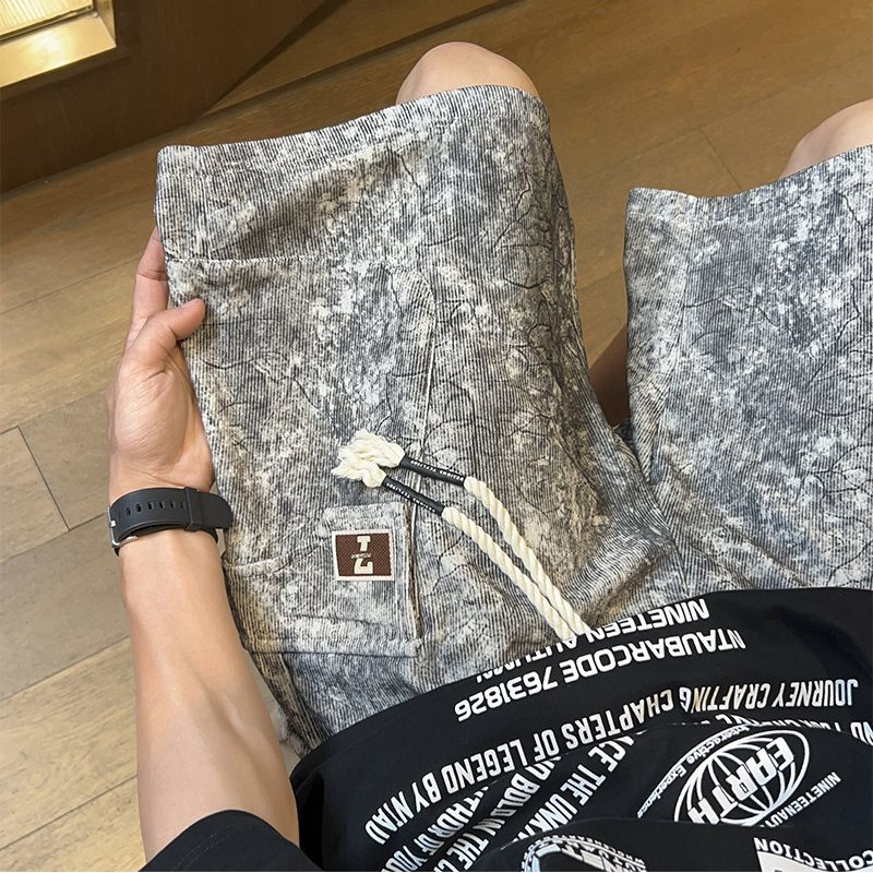 男士扎染松紧腰工装短裤青少年潮流男装帅气学生休闲大码五分裤子