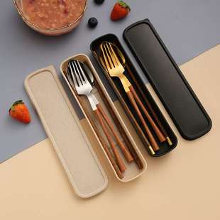 便携筷子勺子套装家用实木质三件套木柄餐具学生上班族餐具收