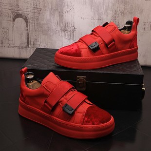 板鞋男2023新款一脚蹬懒人鞋潮流百搭休闲鞋魔术贴男鞋子红色包鞋