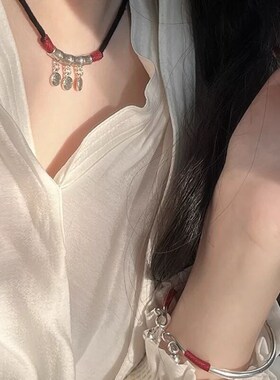 新中式竹节弯管福字吊坠项链手工编绳福气满N满黑绳国风女复古颈