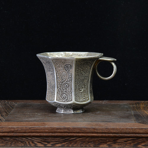 唐朝银器摆件唐代鎏银碗茶具茶杯茶盅茶碟全铜镀银古典艺术品装饰