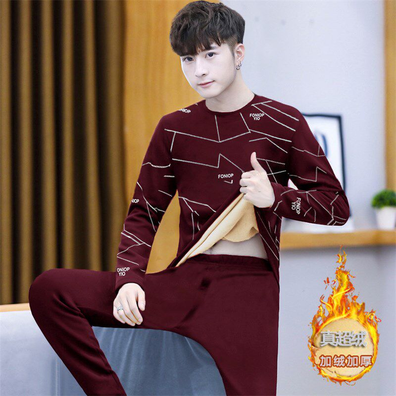 男士保暖内衣真超绒套装冬季加厚加绒圆领打底衫青年防寒秋衣秋裤
