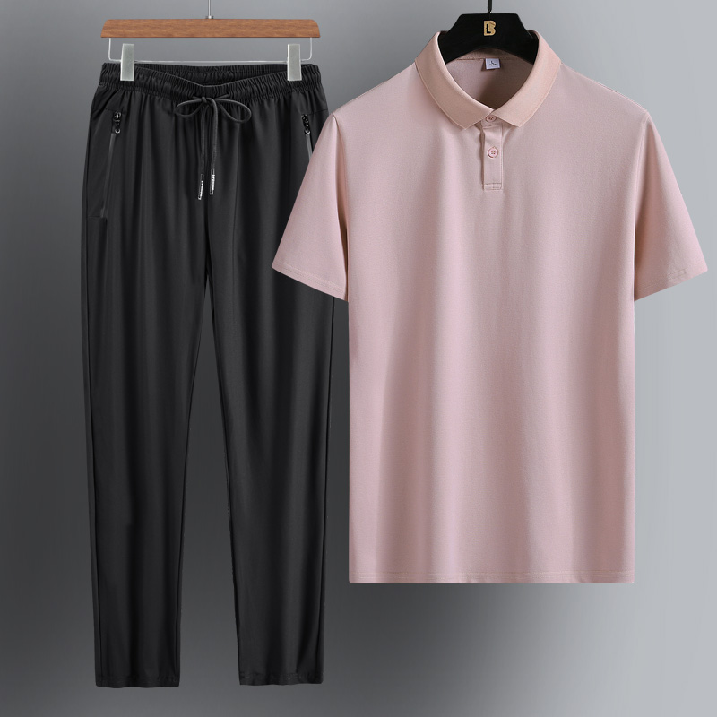 丝滑爸爸装夏装套装短袖T恤中年夏季冰丝裤子薄款衣服中老年男装