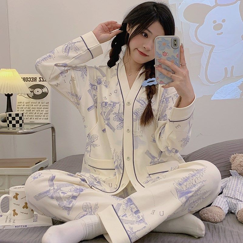 月子服春秋产后外穿哺乳孕妇睡衣夏季薄款产妇喂奶家居服套装