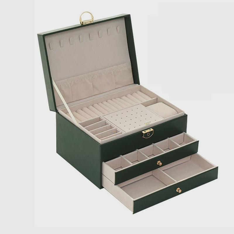 三层多功能带锁菱形皮质珠宝首饰盒耳钉戒指饰品首饰收纳盒大容