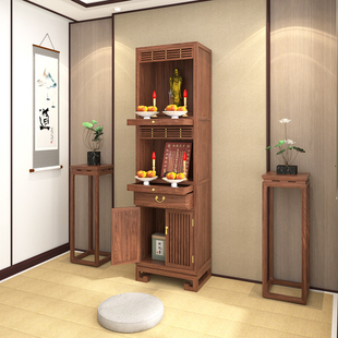 三层神台柜简约带门佛龛家用双层财神佛柜黑胡桃木祖先位实木立柜