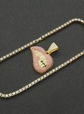 欧美潮人个e性粉唇镶钻牙齿吊坠项链 男士霸气炫酷夸张古巴链配饰