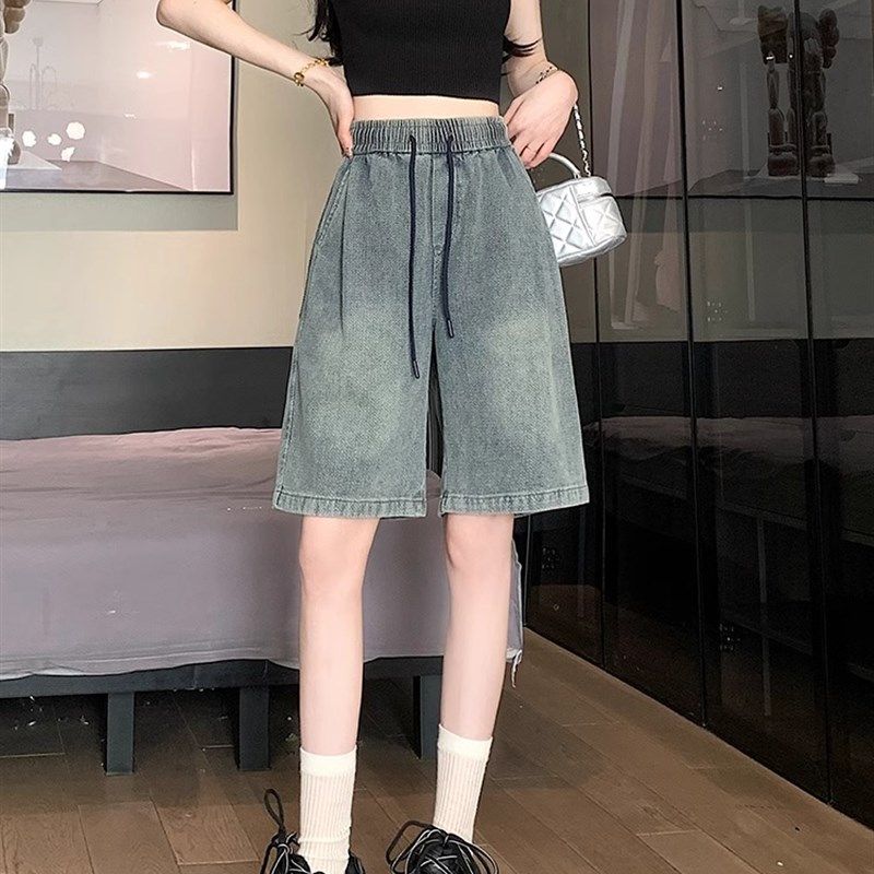 牛仔五分短裤女夏季宽松大码高腰阔腿松紧垂感显瘦直筒五分中裤子,女装/女士精品,休闲裤,淘宝优惠券,粉丝福利购,淘宝优惠卷