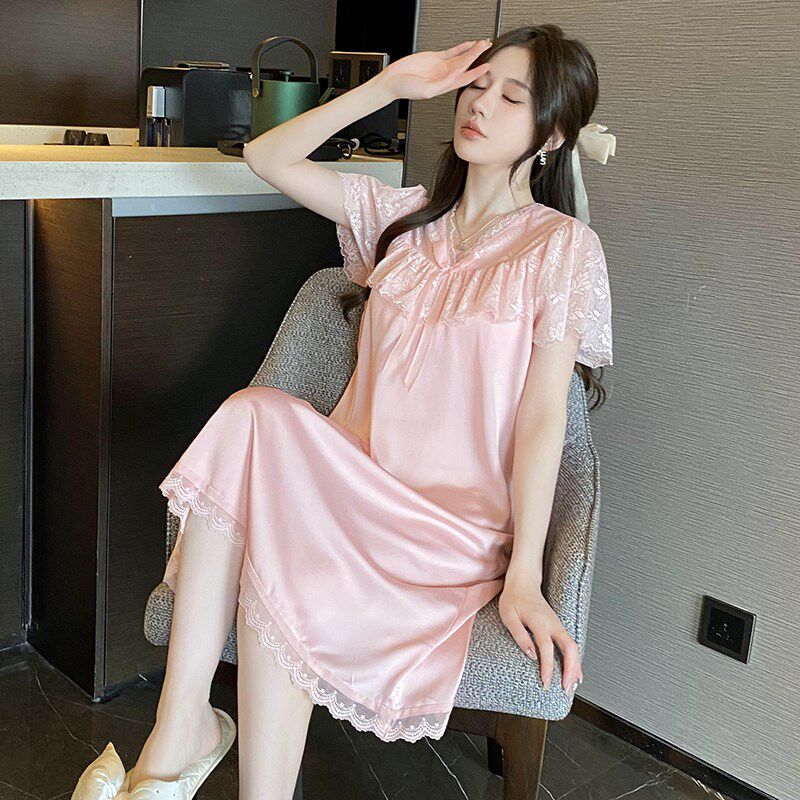 女士带胸垫冰丝睡衣女款爆款2024新款网红睡裙蕾丝家居服女可外穿