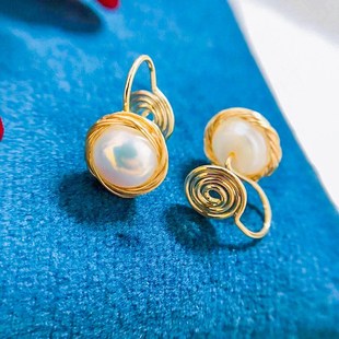 百搭无耳洞蚊香盘耳饰大号设计感14k注金时O尚天然淡水珍珠耳夹女