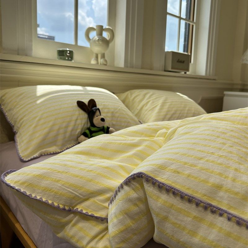 清新柠檬黄水洗棉三角针黄色条纹四件套1.5m1.8米公寓被套三件套,床上用品,床品套件/四件套/多件套,淘宝优惠券,粉丝福利购,淘宝优惠卷