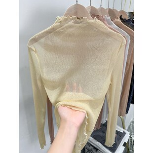 咖啡色半高领蕾丝打底衫女2024春秋新款修身内搭纱衣网纱长袖上衣