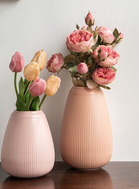 小悠家〖浪漫粉色系〗简约浮雕陶瓷收口花瓶客厅餐桌干花花插微瑕